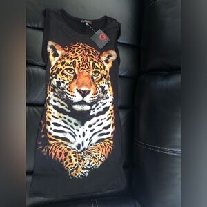 Beautiful realistic G By Guess Black T Shirt Leopard Dress NWT!